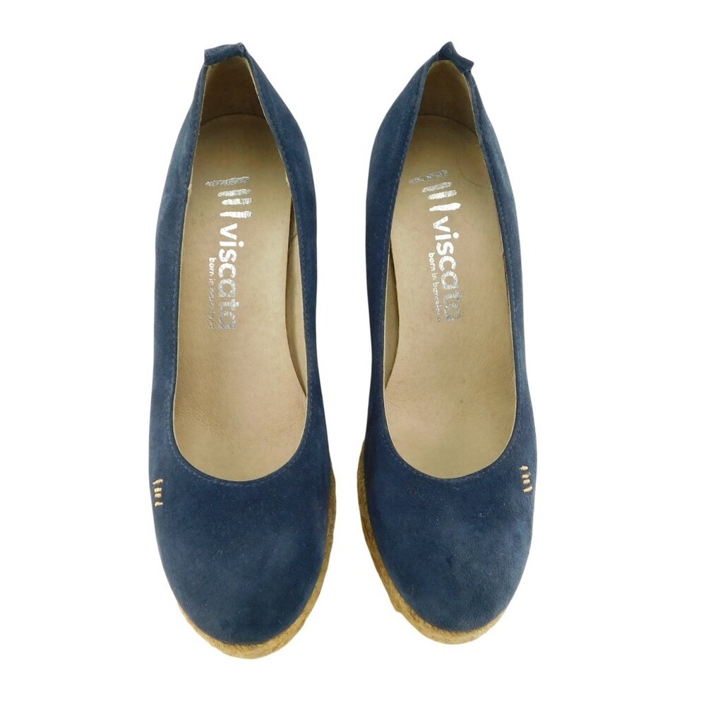 New Viscata Barcelona Deep Blue Suede Leather Espadrille Wedge Pumps 39 - Picture 2 of 7
